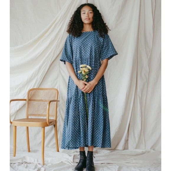 Christy Dawn Theo Dress Womens Small Blue Indigo Petunia Dot Midi Tiered Cottage - Picture 2 of 16